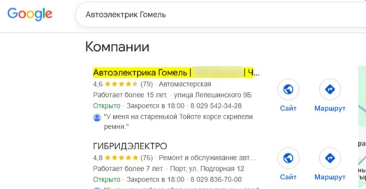 Автоэлектрика · Гомель — подтверждённый результат OnMap